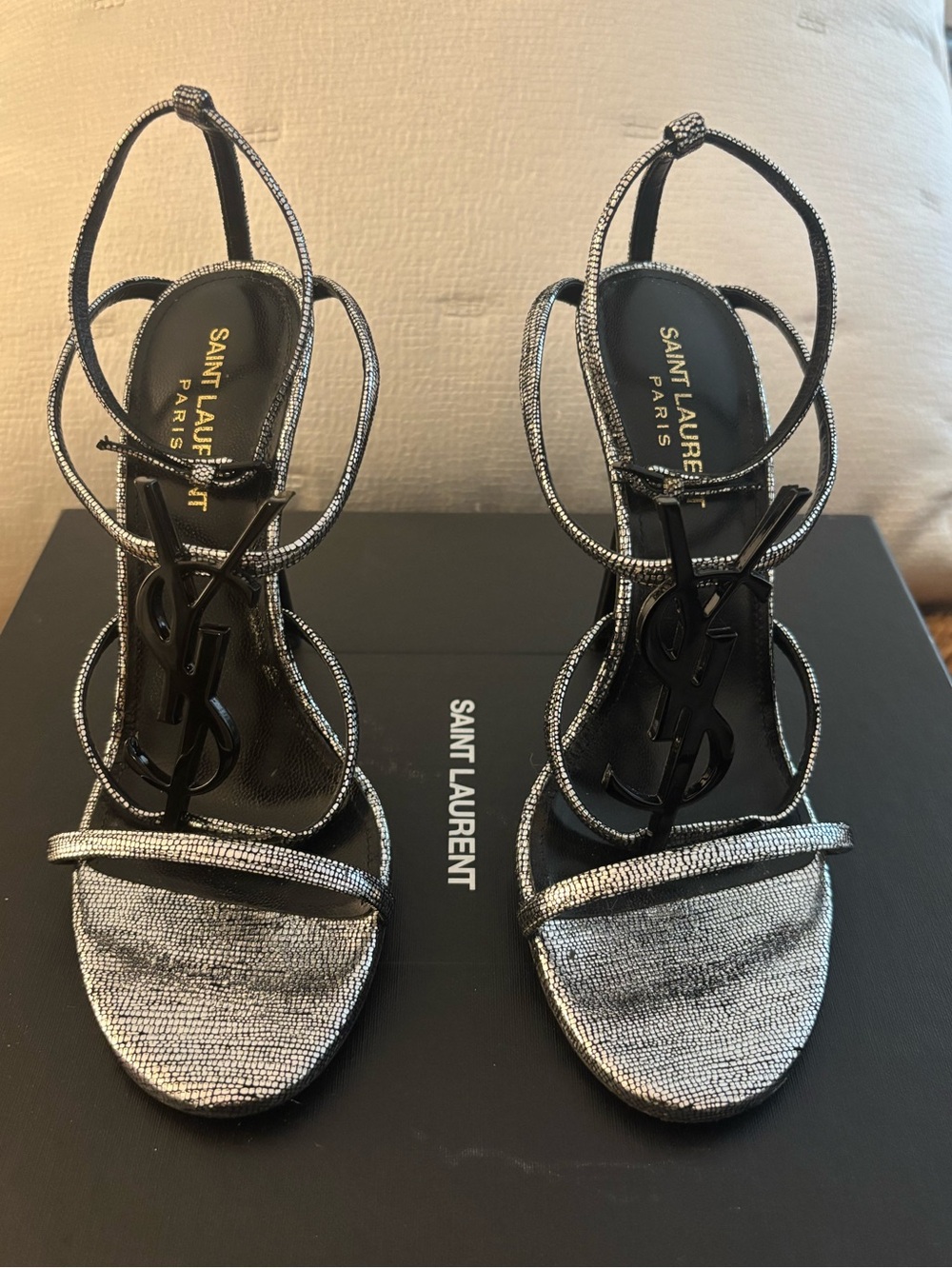Saint Laurent Silver Leather Cassandra YSL logo heels .
